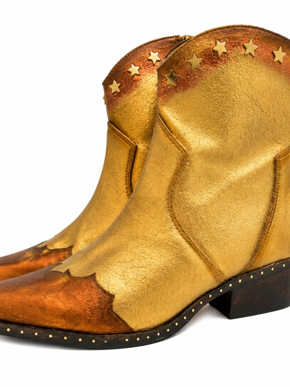 Upcycled Hand-Painted Leather Cowboy Boots Gold Bronze Star Studs | Sz 8.5